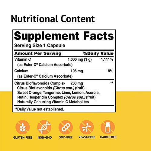 Ester-C American Health with Citrus Bioflavonoids Capsules - 24-Hour Immune Support, Gentle On Stomach, Non-Acidic Vitamin C - Non-GMO, Gluten-Free - 1000 mg, 90 Count - görsel 1