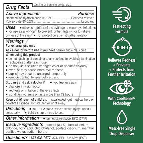 Rohto Cool Relief, Redness Reliever Lubricant Eye Drops, Relieves Redness, Prevents and Protects Further Irritation, Cools and Soothes Red, Dry, Itchy Eyes, Fast-Acting Formula, 0.4 fl oz (Pack of 3) - görsel 4