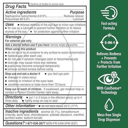 Rohto Cool Relief, Redness Reliever Lubricant Eye Drops, Relieves Redness, Prevents and Protects Further Irritation, Cools and Soothes Red, Dry, Itchy Eyes, Fast-Acting Formula, 0.4 fl oz (Pack of 3)