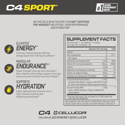 Cellucor C4 Sport Pre Workout Powder Watermelon - NSF Certified for Sport - Preworkout Energy Supplement for Men & Women - 135mg Caffeine + Creatine Monohydrate - 30 Servings