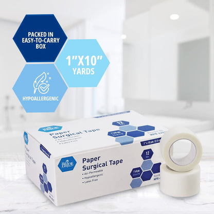MED Pride Paper Surgical Tape 1" x 10 Yards for Wound Dressing [Pack of 12] - Latex-Free & Hypoallergenic Medical Tape Suitable for Sensitive Skin- Hospital-Grade, Breathable Wound Care Paper Tape