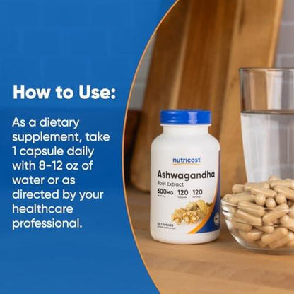 Nutricost Ashwagandha Herbal Supplement 600mg, 120 Capsules - Vegetarian, Non-GMO, Gluten Free, Ashwagandha Root