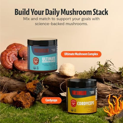 FreshCap Mushrooms Ultimate Mushroom Complex – Mushroom Powder 12:1 Fruiting Body Extract with 29% Beta-Glucans – Ayurveda Clean Energy, No Jitters, Focus & Immune Support (60 Servings)