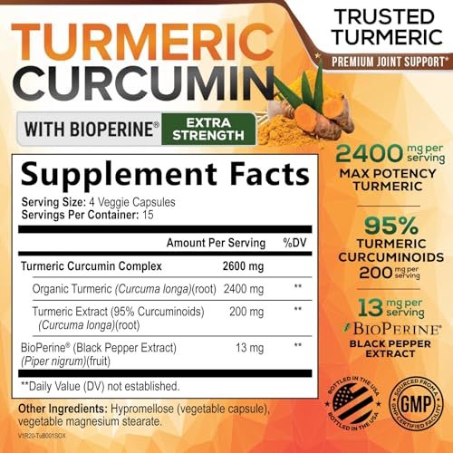 Turmeric Curcumin Supplement - 2400mg Organic Turmeric Per Serving - 95% Curcuminoids & BioPerine Black Pepper Extract for Best Absorption - Natural Vegan Joint Support - Bottled in USA - 60 Capsules - görsel 6
