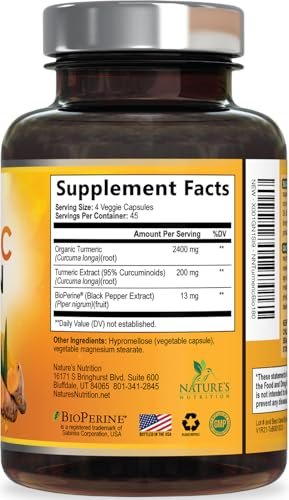 Turmeric Curcumin Supplement - 2400mg Organic Turmeric Per Serving - 95% Curcuminoids & BioPerine Black Pepper Extract for Best Absorption - Natural Vegan Joint Support, Bottled in USA - 180 Capsules