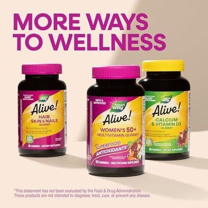Nature's Way Alive! Women’s 50 Plus Multivitamin Gummy, Daily Chewable Multivitamins with B-Vitamins, Vitamin D3, Calcium, Supports Heart, Brain & Bone Health,* Mixed Berry Flavored, 130 Count