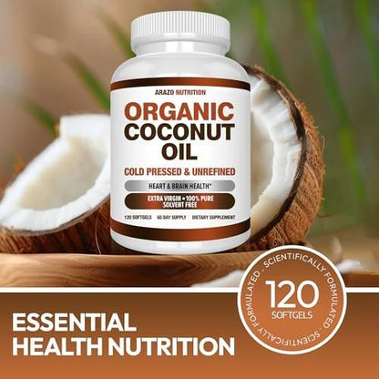 Arazo Nutrition Organic Coconut Oil 2000 MG Per Serving - 100% Extra Virgin Unrefined Cold Pressed for Weight Support, Skin, Hair, Nails - 120 Softgel Capsules