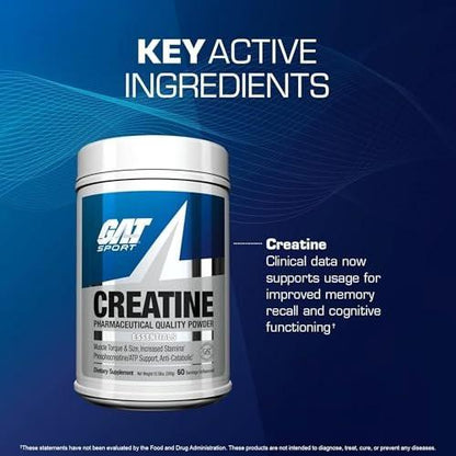 GAT SPORT Creatine Monohydrate Powder, Strength, Brain Health, Anti-oxidant, Endurance, for Men & Women, Unflavored (60 Servings)