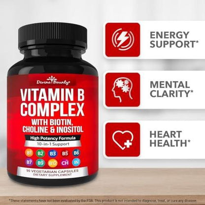 Divine Bounty Super B Complex Vitamins – All B Vitamins Including B12, B1, B2, B3, B5, B6, B7, B9, Folic Acid – Vitamin B Supplement – Support Healthy Energy Metabolism – 90 Vegetarian Capsules