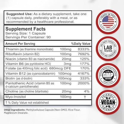 Divine Bounty Super B Complex Vitamins – All B Vitamins Including B12, B1, B2, B3, B5, B6, B7, B9, Folic Acid – Vitamin B Supplement – Support Healthy Energy Metabolism – 90 Vegetarian Capsules
