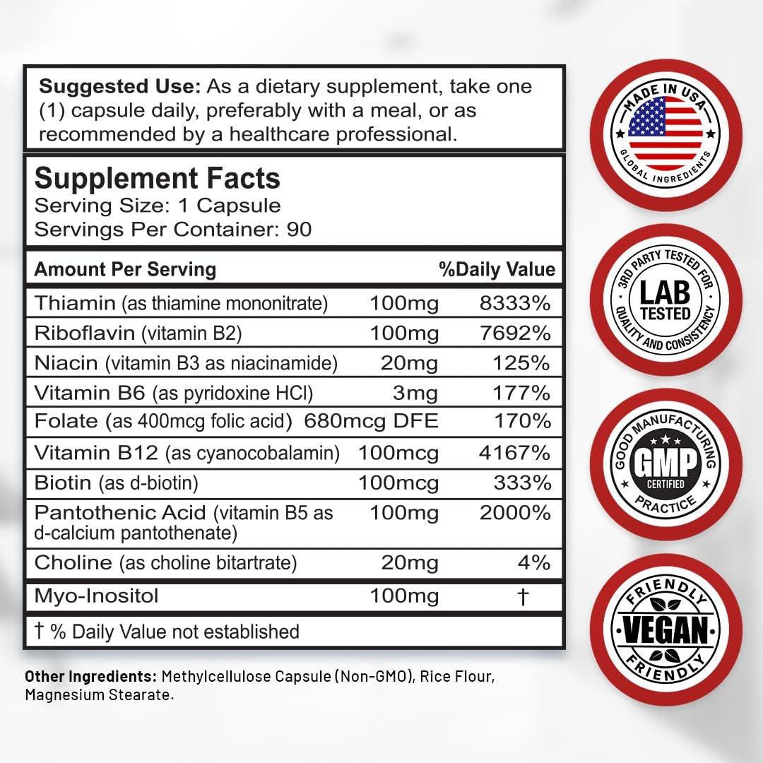 Divine Bounty Super B Complex Vitamins – All B Vitamins Including B12, B1, B2, B3, B5, B6, B7, B9, Folic Acid – Vitamin B Supplement – Support Healthy Energy Metabolism – 90 Vegetarian Capsules - görsel 3