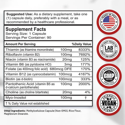 Divine Bounty Super B Complex Vitamins – All B Vitamins Including B12, B1, B2, B3, B5, B6, B7, B9, Folic Acid – Vitamin B Supplement – Support Healthy Energy Metabolism – 90 Vegetarian Capsules