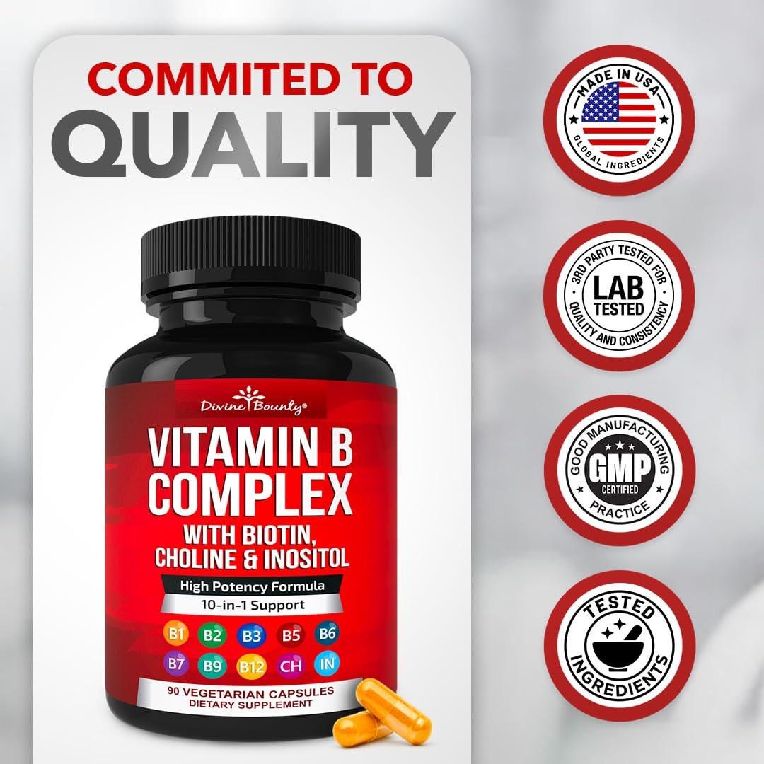 Divine Bounty Super B Complex Vitamins – All B Vitamins Including B12, B1, B2, B3, B5, B6, B7, B9, Folic Acid – Vitamin B Supplement – Support Healthy Energy Metabolism – 90 Vegetarian Capsules - görsel 13