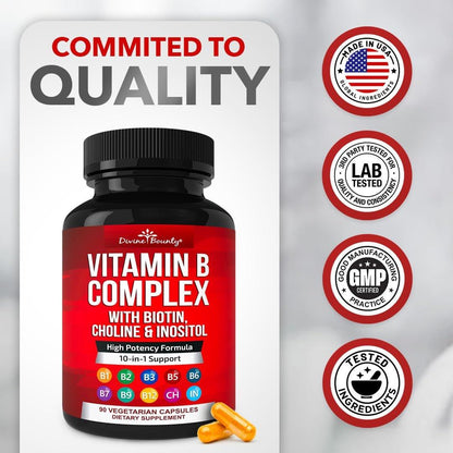 Divine Bounty Super B Complex Vitamins – All B Vitamins Including B12, B1, B2, B3, B5, B6, B7, B9, Folic Acid – Vitamin B Supplement – Support Healthy Energy Metabolism – 90 Vegetarian Capsules