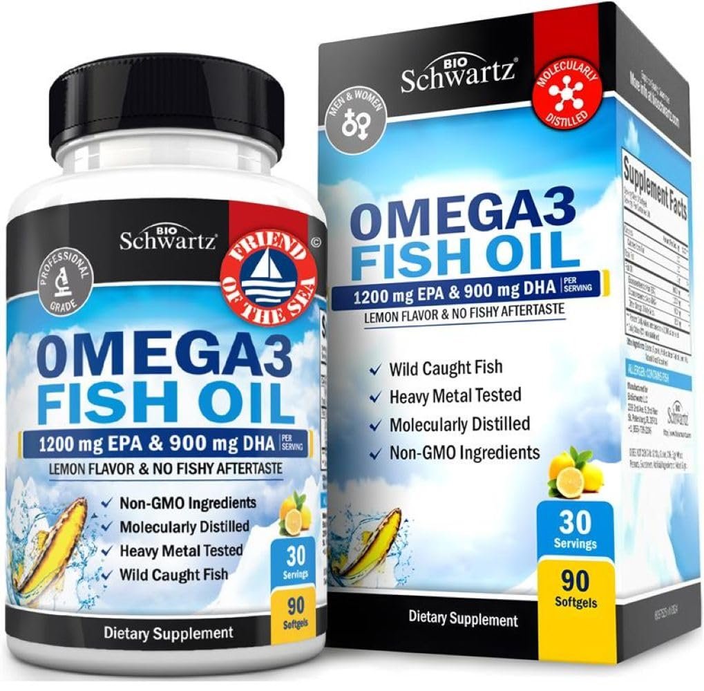 Triple Strength Omega 3 Fish Oil 3000mg - High Potency Omega 3 Supplement for Women and Men, Burpless Lemon Flavor Fish Oil - 2250mg Essential Fatty Acids with DHA & EPA, Wild Caught, 90 Softgels - görsel 1