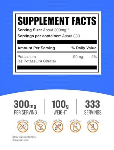 BulkSupplements.com Potassium Citrate Powder - Potassium Supplement, Electrolytes Supplement - Pure, Gluten Free - 310mg per Serving, Multiple Servings (100 Grams - 3.5 oz)