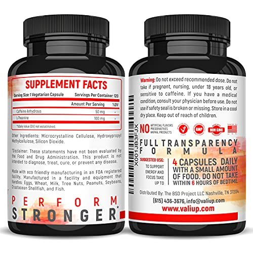 VALI Caffeine 50mg & L Theanine 100mg - Caffeine Pills & L-Theanine for Smart Smooth Energy & Focus Supplement. Nootropic Brain Booster Cognitive Support Stack & Focused Clarity. 120 Veggie Capsules - görsel 8