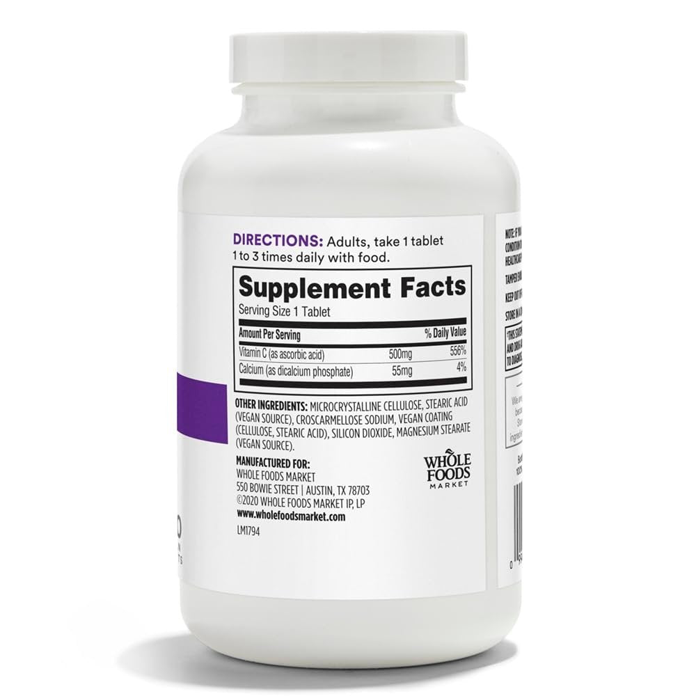 365 by Whole Foods Market, Standard Potency Vitamin C 500mg, Vegan, 250 Tablets - görsel 4