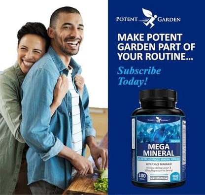 Potent Garden Mega Mineral Supplement Complete Mineral Complex with Calcium Magnesium Zinc Potassium Boron Selenium Chromium & 72 Trace Minerals Iron Free Calcium Supplement -100 Pills