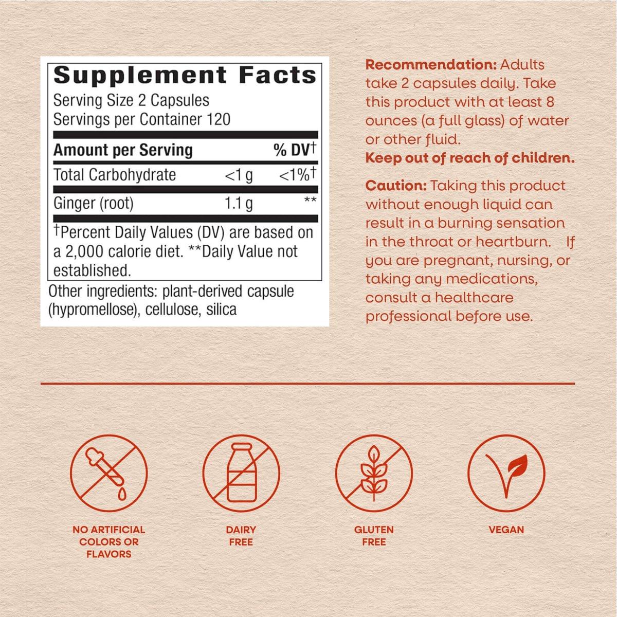 Nature's Way Ginger Root Capsules, 1100 mg per 2-Capsule Serving Ginger Supplement for Digestive Comfort and Motion-Related Nausea Support*, Vegan, Non-GMO Project Verified, 240 Count - görsel 6