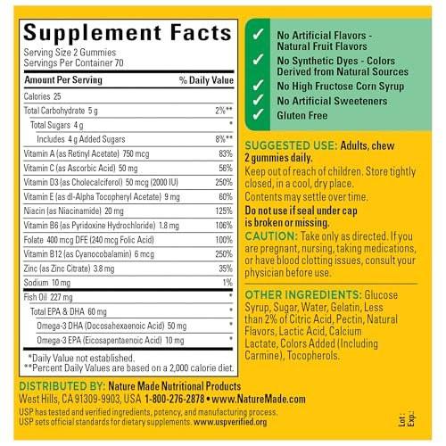 Nature Made Multivitamin + Omega-3 Gummies for Women and Men, Daily Nutritional Support, 140 Adult Gummy Vitamins & Minerals, 70 Day Supply - görsel 11