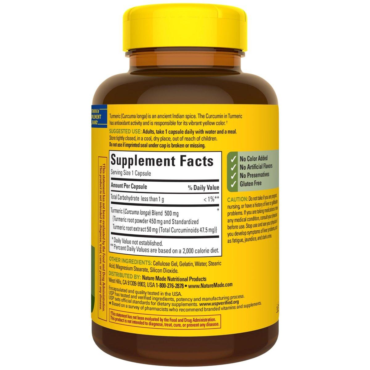 Nature Made Turmeric Curcumin 500 mg, Turmeric Curcumin Supplement for Antioxidant Support, Herbal Supplements, 120 Capsules, 120 Day Supply - görsel 8
