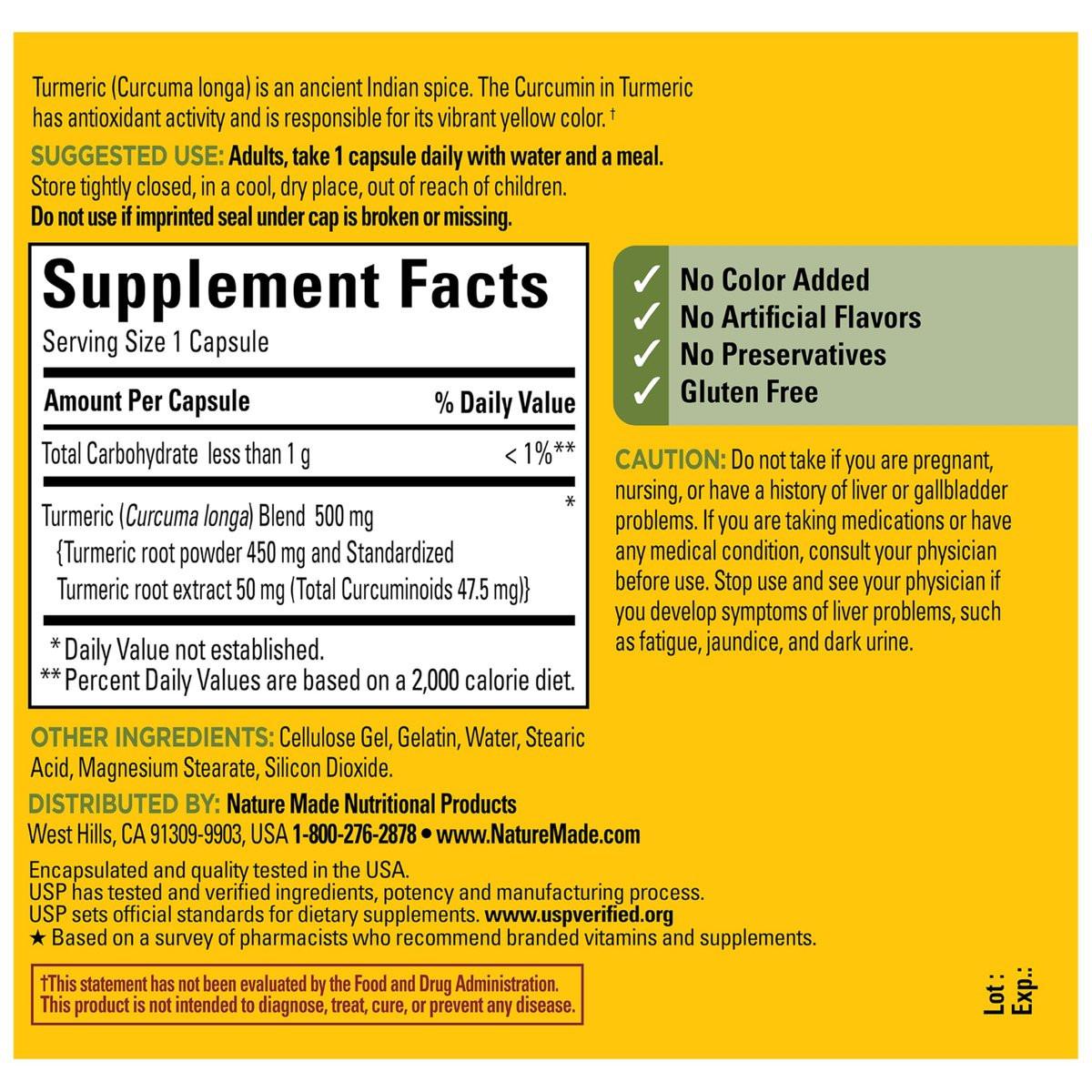 Nature Made Turmeric Curcumin 500 mg, Turmeric Curcumin Supplement for Antioxidant Support, Herbal Supplements, 120 Capsules, 120 Day Supply - görsel 6