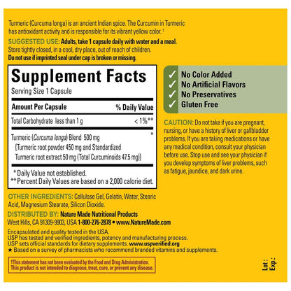 Nature Made Turmeric Curcumin 500 mg, Turmeric Curcumin Supplement for Antioxidant Support, Herbal Supplements, 120 Capsules, 120 Day Supply