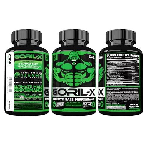 GORIL-X Testosterone Booster for Men - Workout Testosterone Supplements - Increase Size, Strength & Energy - 1000mg Male Enhancing Horny Goat Weed, Maca Root, Tongkat Ali & Tribulus Formula - 60 Caps