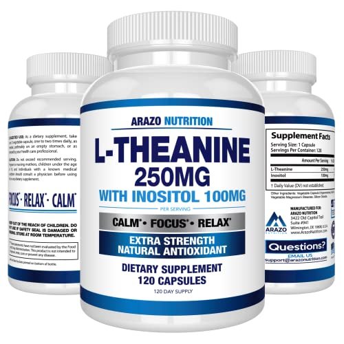 Arazo Nutrition L-Theanine 250mg (Extra Strength) with Inositol 100mg Per Serving, 120 Capsules Vegetarian - görsel 5