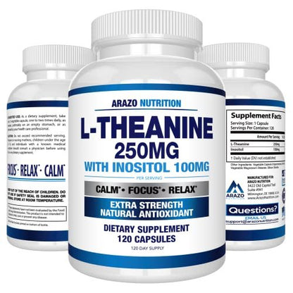 Arazo Nutrition L-Theanine 250mg (Extra Strength) with Inositol 100mg Per Serving, 120 Capsules Vegetarian