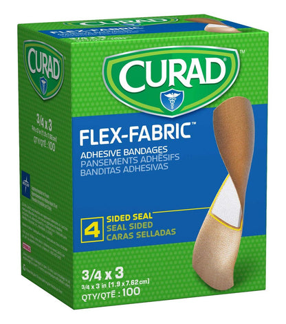 CURAD Flex Fabric Adhesive Bandages, 3/4" x 3", Tan, 100 Count