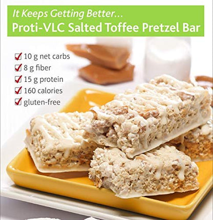 Proti-Thin Salted Toffee Pretzel Protein Bars, 15g Protein, Low Calorie, Very Low Carb (VLC), Low Fat, High Fiber Snack Bar, KETO Diet Friendly, Ideal Protein Compatible, No Gluten Ingredients, 7/Box