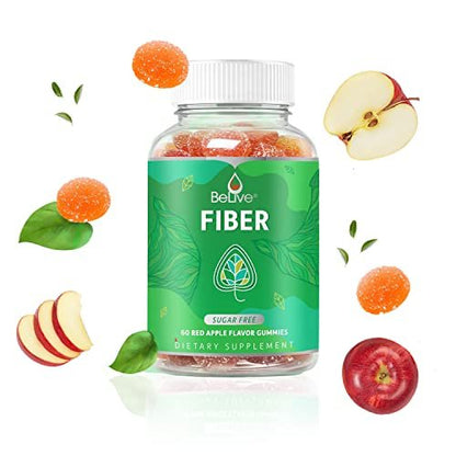 BeLive Fiber Gummies - Sugar Free Prebiotic Digestive Health and Regularity Supplement - Chicory Root & Inulin - for Adults and Kids - Apple Flavor - 60 Count