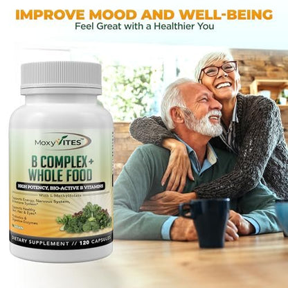 MoxyVites Vitamin B Complex - B Vitamins Whole Food Supplement, B12 Methylcobalamin, B1, B2, B3, B5, B6, B7, B9 - for Stress, Energy and Immune Support, Vegan, 120 Capsules