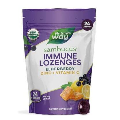 Nature's Way Sambucus Immune Lozenges, Elderberry Lozenges for On-the-Go Use with Zinc, Vitamin C & Black Elderberry Extract, Certified Organic Immune Support, Honey Lemon Flavor, 24 Count