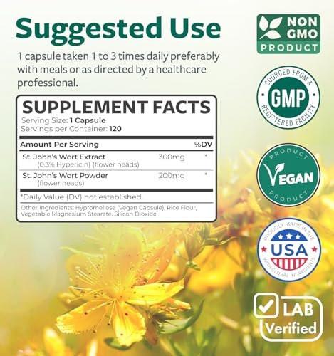 St John's Wort Capsules - Powerful & Potent Saint John's Wort Extract & Whole Herb Complex Standardized to 900mcg Hypericin for Balancing Daily Mood Support - Vegan Non-GMO & Lab Verified (120 Caps) - görsel 10