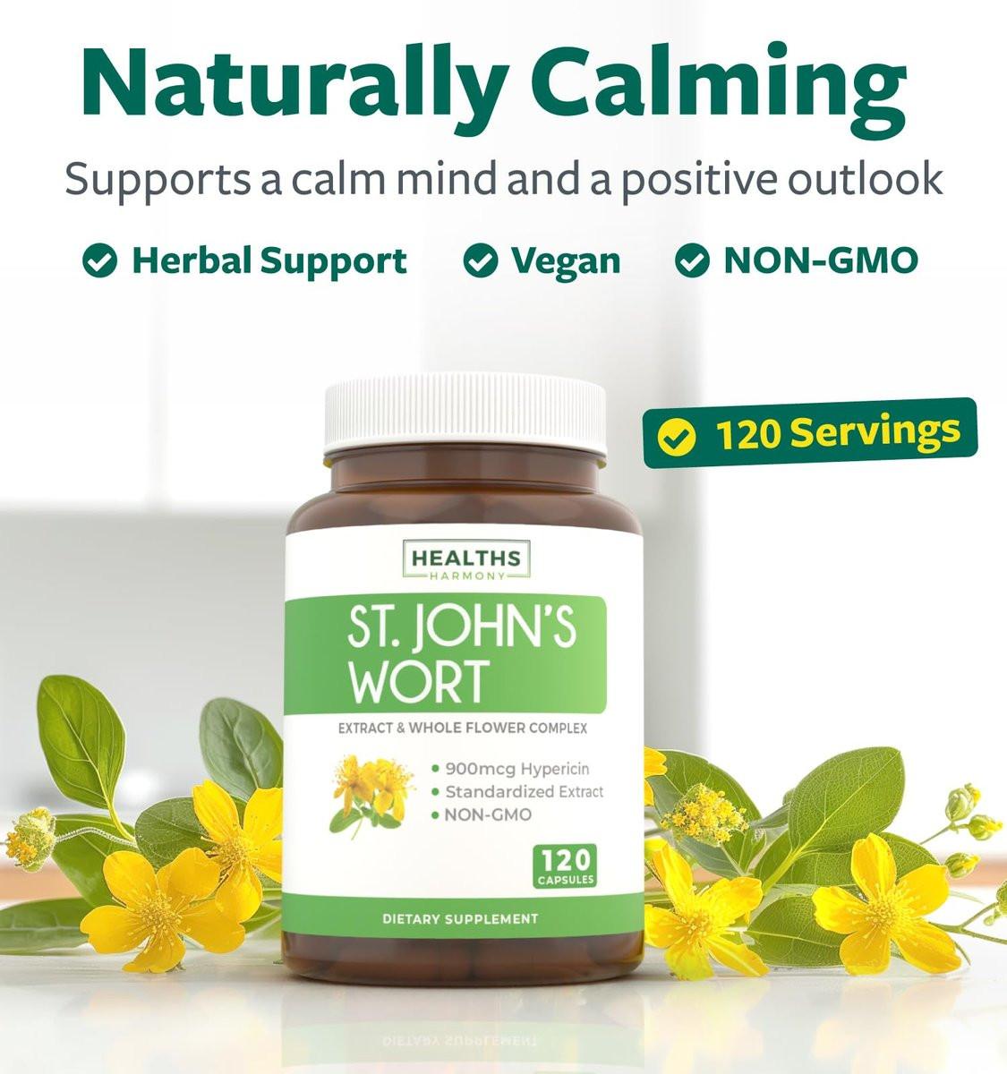 St John's Wort Capsules - Powerful & Potent Saint John's Wort Extract & Whole Herb Complex Standardized to 900mcg Hypericin for Balancing Daily Mood Support - Vegan Non-GMO & Lab Verified (120 Caps) - görsel 3