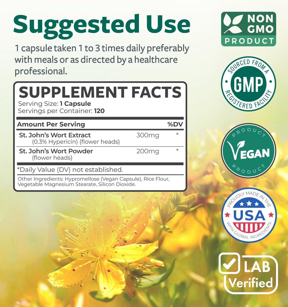 St John's Wort Capsules - Powerful & Potent Saint John's Wort Extract & Whole Herb Complex Standardized to 900mcg Hypericin for Balancing Daily Mood Support - Vegan Non-GMO & Lab Verified (120 Caps) - görsel 9
