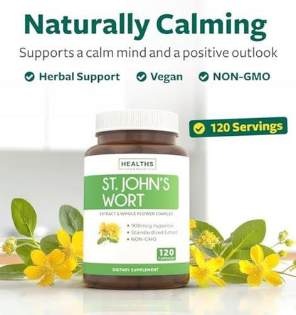 St John's Wort Capsules - Powerful & Potent Saint John's Wort Extract & Whole Herb Complex Standardized to 900mcg Hypericin for Balancing Daily Mood Support - Vegan Non-GMO & Lab Verified (120 Caps)