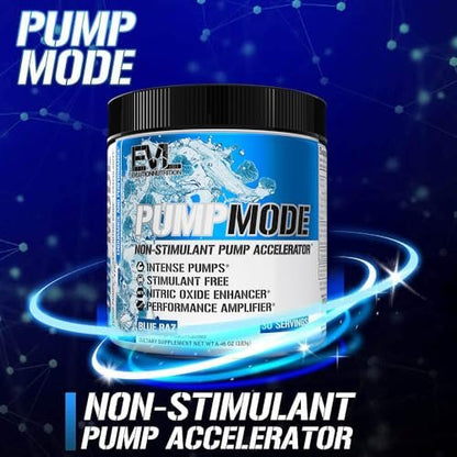 EVL PumpMode Nitric Oxide Supplement - Nitric Oxide Booster Pump Pre Workout Powder with Glycerol and Betaine for Muscle Recovery Growth and Endurance - Stim Free Pre Workout Drink (Blue Raz)