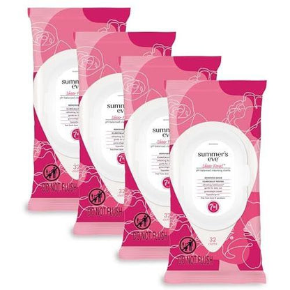 Summer's Eve Sheer Floral Feminine Wipes, Gentle pH-Balanced Formula Helps Control Vaginal Odor, Resealable Pack, 32 Wipes, Pack of 4