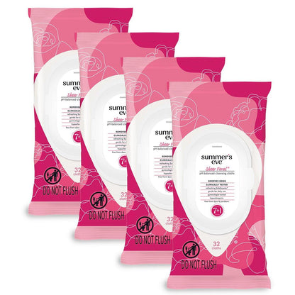 Summer's Eve Sheer Floral Feminine Wipes, Gentle pH-Balanced Formula Helps Control Vaginal Odor, Resealable Pack, 32 Wipes, Pack of 4