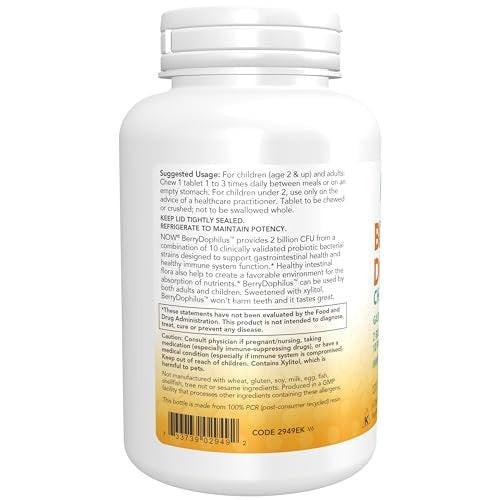 NOW Foods BerryDophilus with 2 Billion CFU & 10 Probiotic Strains, Xylitol Sweetened, Strain Verified, 120 Chewables - görsel 1