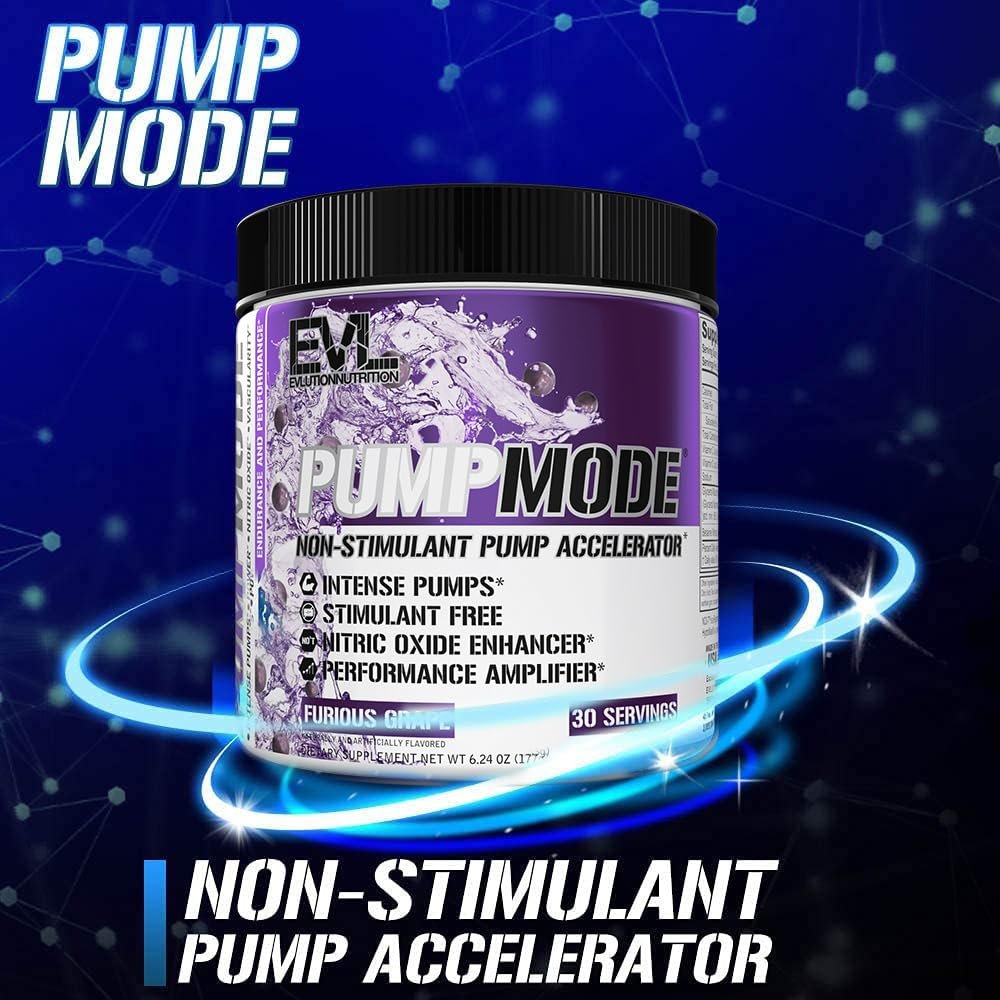 EVL PumpMode Nitric Oxide Supplement - Nitric Oxide Booster Pump Pre Workout Powder with Glycerol and Betaine for Muscle Recovery Growth and Endurance - Stim Free Pre Workout Drink (Furious Grape) - görsel 1