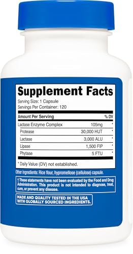Nutricost Lactase Enzyme Complex 3,000 FCC ALU, 120 Vegetarian Capsules - Non-GMO, Gluten Free, 120 Servings - görsel 1