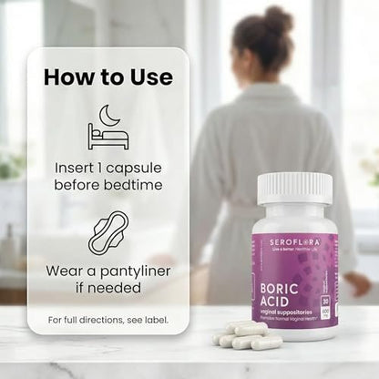 Seroflora Boric Acid 600mg Feminine Capsules, Feminine pH Support, Intimate Freshness for Women, Fast-Dissolving Capsules (30 Count)