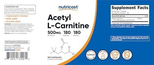 Nutricost Acetyl L-Carnitine (ALCAR) 500mg, 180 Capsules, 180 Servings - Non-GMO and Gluten Free, 1 Capsule per Serving - görsel 1