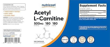 Nutricost Acetyl L-Carnitine (ALCAR) 500mg, 180 Capsules, 180 Servings - Non-GMO and Gluten Free, 1 Capsule per Serving