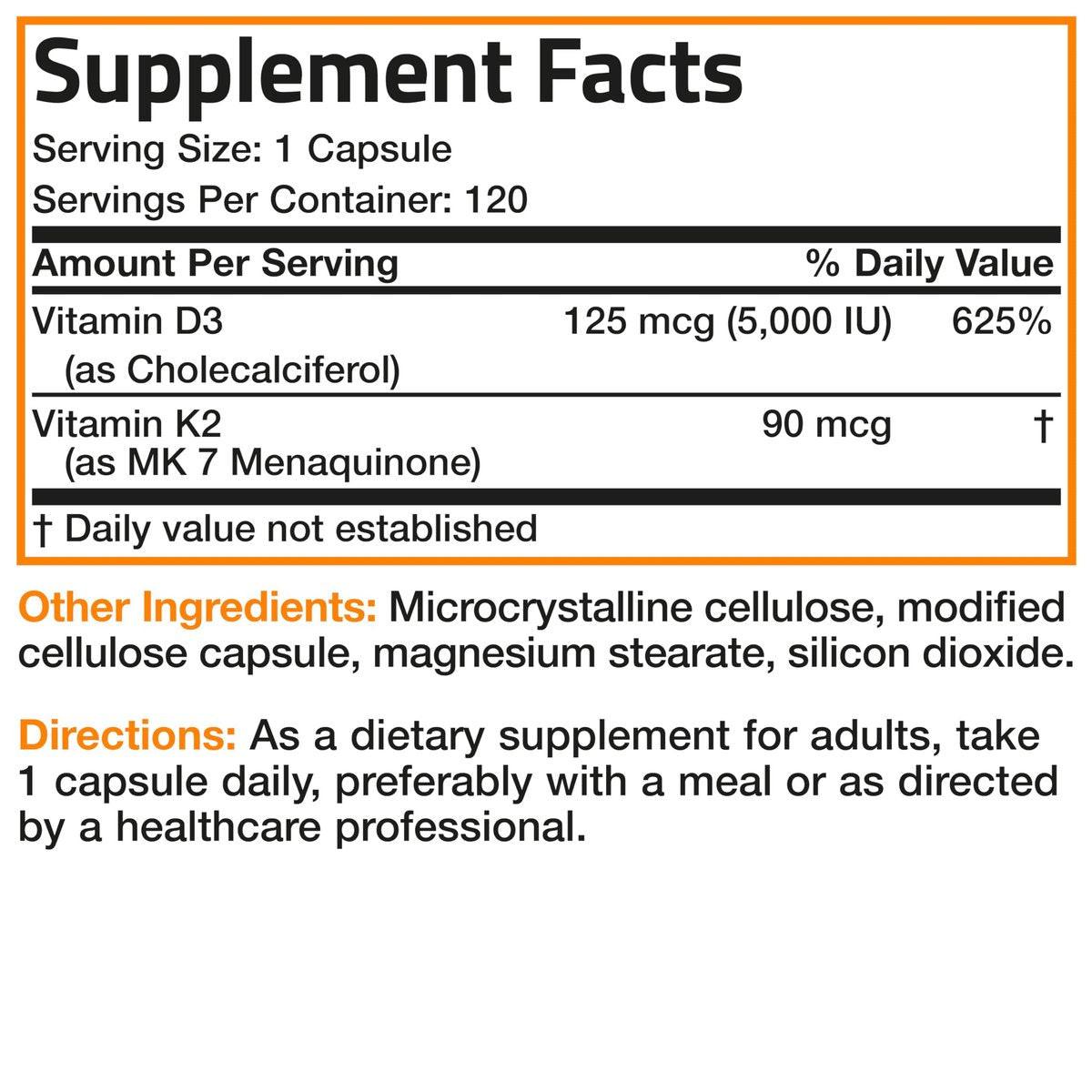 Bronson Vitamin K2 (MK7) with D3 Supplement Non-GMO Formula 5000 IU Vitamin D3 & 90 mcg K2 MK-7 Easy to Swallow D & K Complex, 120 Capsules - görsel 16
